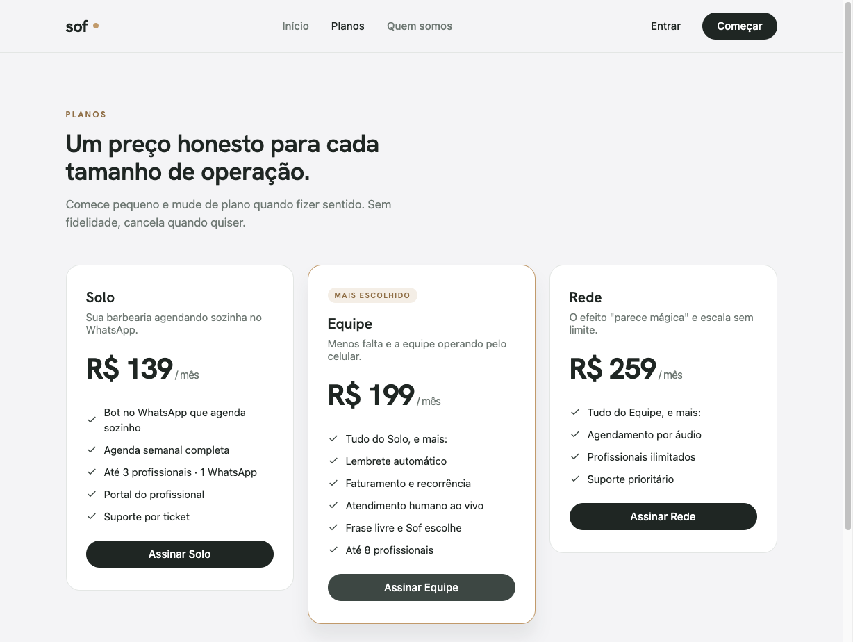 Tela de planos Solo, Equipe e Rede