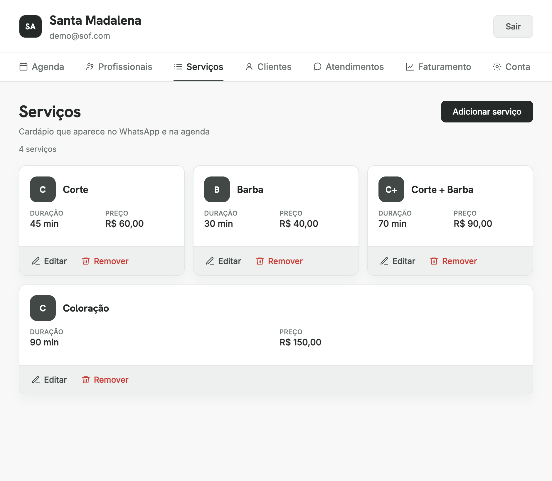 Lista de serviços