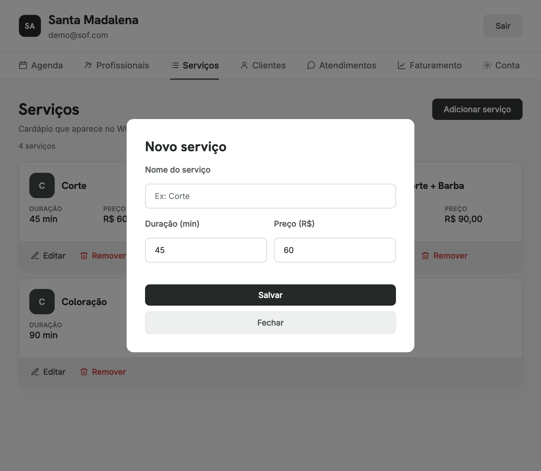 Modal Novo serviço