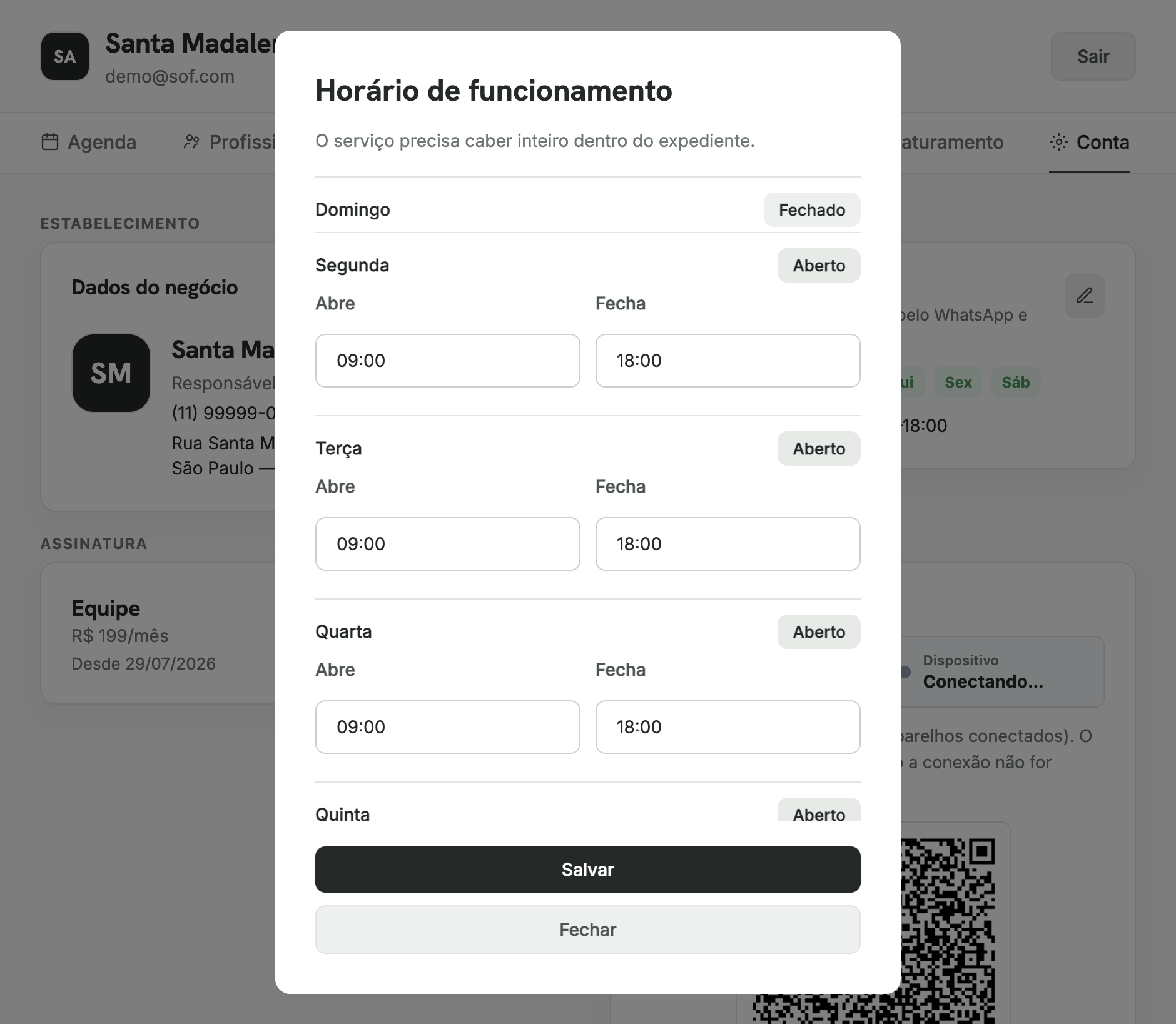 Modal Horário de funcionamento